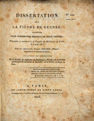 Dissertation sur la fièvre de Guinée : précédée d'une topographie médicale de cette contrée