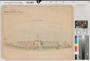 Münster, Strafanstalt. Königliche Straf-Anstalt zu Münster. Die neue Anstalt. Aufriß. Blatt 6. Kolorierte Zeichnung