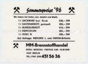 Werbezettel mit Preisliste der Kohlehandlung "MM-Brennstoffhandlung"
