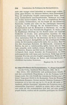 384-388 [Rezension] Unterkircher, Franz, Zu einigen Problemen der Eucharistielehre