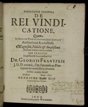 Disputatio Iuridica De Rei Vindicatione