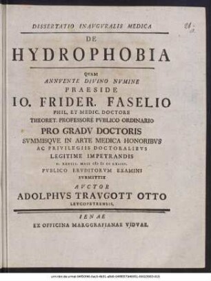 Dissertatio Inauguralis Medica De Hydrophobia