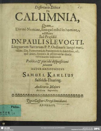 Dissertatio Ethica De Calumnia
