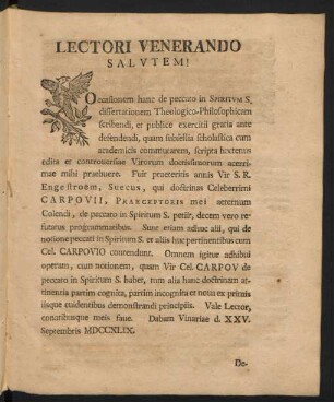 Lectori Venerando Saulutem!