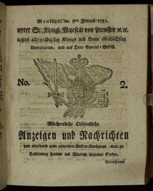 No. 2. Montags, den 8ten Januar 1781.