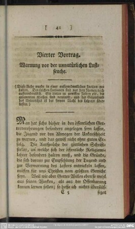 Vierter Vortrag. Warnung vor der unnatürlichen Lustseuche