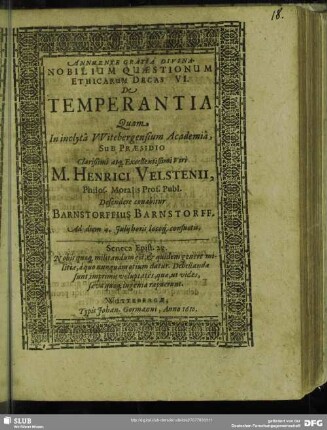Nobilium Quaestionum Ethicarum Decas VI. De Temperantia : Defendere conabitur Barnstorffius Barnstorff