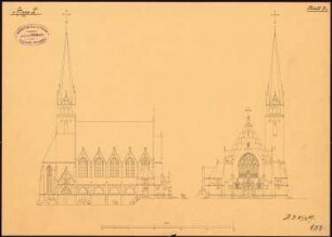 Kaiser-Friedrich-Gedächtnis-Kirche, Berlin-Tiergarten 4. Projekt: Aufriss Vorderansicht, Seitenansicht 1:300