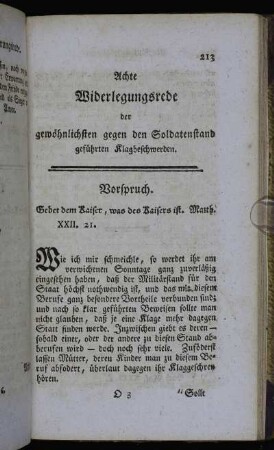 Achte Widerlegungsrede der gewöhnlichsten gegen den Soldatenstand geführten Klagbeschwerden.