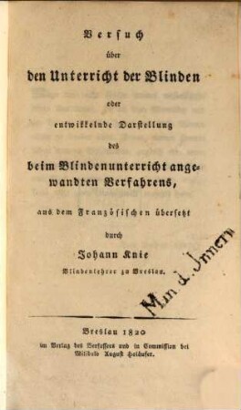 Versuch über den Unterricht der Blinden