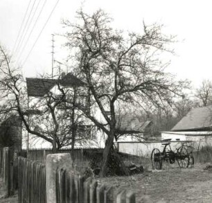 Altdöbern-Reddern, Dorfstraße 1. Gehöft und Wohnhaus. Gartenansicht mit landwirtschaftlichen Greäten