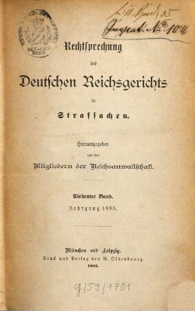 Rechtsprechung des Deutschen Reichsgerichts in Strafsachen. 7. 1885