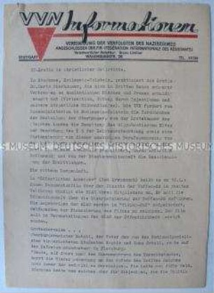 Hektografiertes Mitteilungsblatt der VVN u.a. über eine ehemalige KZ-Ärztin in einer christlichen Heilstätte in Schleswig-Holstein