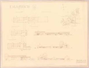 Leegmeerschule / achtklassige katholische Volksschule, Emmerich: Vorentwurf des Schulgebäudes: Lageplan 1:2500, Grundriss Erdgeschoss, Ansichten 1:200
