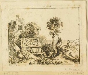 Schuppen, Wohnhaus, Baum, Gelände und Staffagefiguren in Briesnitz westlich von Dresden