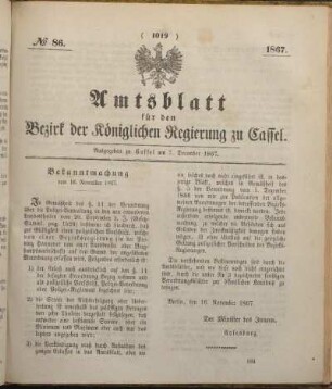 № 86. Ausgegeben zu Cassel am 7. December 1867.