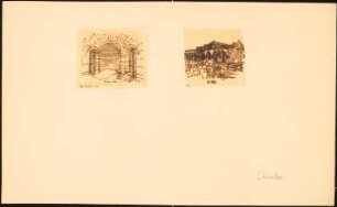 Porticus Salomonis und Al Aqsa Moschee, Jerusalem: Zwei Blätter (Durchzeichnungen): Perspektivische Ansicht des Eingangs (ehemalige Marienkirche »Unserer Frau«) und perspektivische Außenansicht der siebenbogigen Arkadenvorhalle der Al-Aqsa-Moschee, nach Sepp Jerusalem, 160