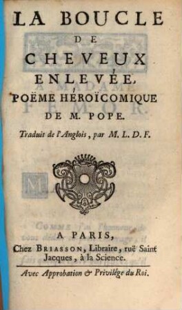 La Boucle de cheveux enlevée : Poëme héroïcomique