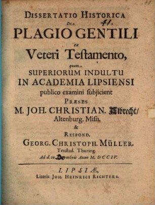 Diss. hist. de plagio gentili ex Veteri Testamento