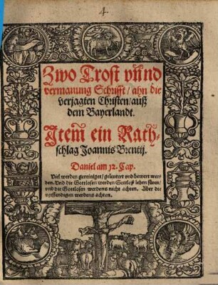 Zwo Trost- unnd Vermanung Schrifft ahn die verjagten Christen auß dem Bayerlandt : item ein Rathschlag Joannis Brentii