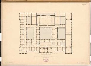 Gasthof 1. Ranges, Berlin Schinkelwettbewerb 1865: Grundriss 4. Obergeschoss; Maßstabsleiste