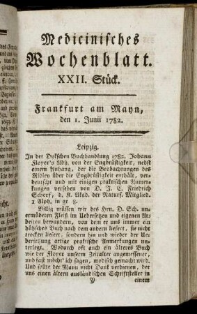 XXII. Stück. Frankfurt am Mayn, den 1. Junii 1782. - XXVI. Stück. Frankfurt am Mayn, den 29. Junii 1782.