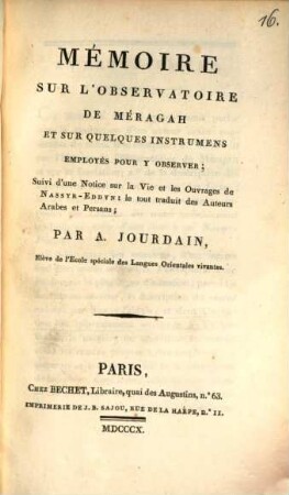 Mémoire sur l'observatoire de Méragah et sur quelques instrumens employés pour y observer