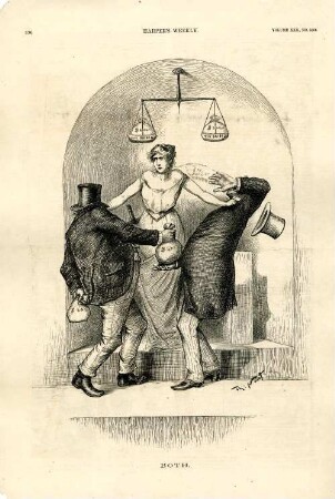 Both : Justitia packt zwei Gauner am Kragen, einen der Bestechungsgelder verteilt und einen, der sie annimmt