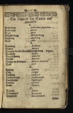 Die Nahmen der Staedte auff Frantzoesisch