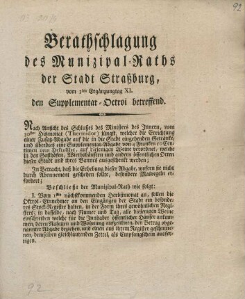 Berathschlagung der Munizipal-Raths der Stadt Straßburg vom 3ten Ergänzungstag XI. den Supplementar-Octroi betreffend