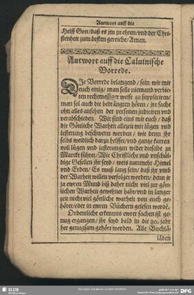 Antwort auff die Calvinische Vorrede