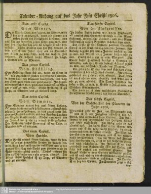 Calender-Anhang auf das Jahr Jesu Christi 1806