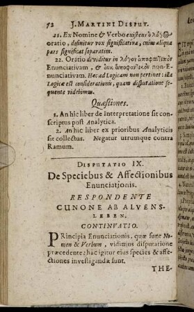 Disputatio IX. De Speciebus & Affectionibus Enunciationis.
