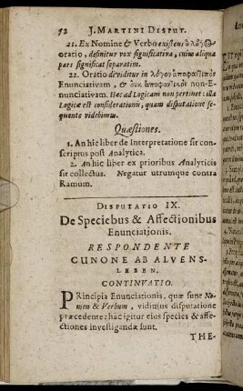 Disputatio IX. De Speciebus & Affectionibus Enunciationis.