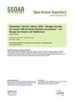 Rezension:M Renate Tobies, 2010: "Morgen möchte ich wieder 100 herrliche Sachen ausrechnen". Iris Runge bei Osram und Telefunken