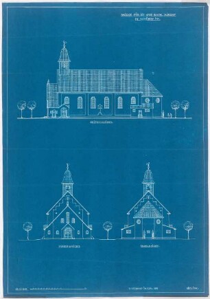 St. Bonifatius (mit Pfarrhaus), Dortmund-Schüren: Seiten-, Vorder- und Choransicht (neues Projekt) 1:200