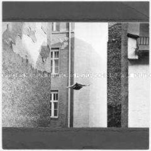 Blick in einen Hinterhof mit einem fliegenden Vogel (Altersgruppe 18-21)