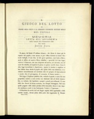 IL GIUOCO DEL LOTTO LE FINANZE DELLO STATO E LE CONDIZIONI ECONOMICHE IGIENIGHE MORALI DEL POPOLO