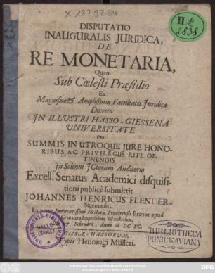 Disputatio Inauguralis Iuridica, De Re Monetaria