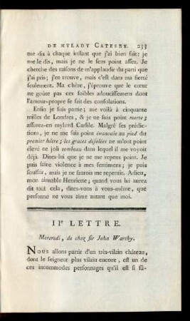 IIe Lettre. Mercredi, de chez sir John Warthy.
