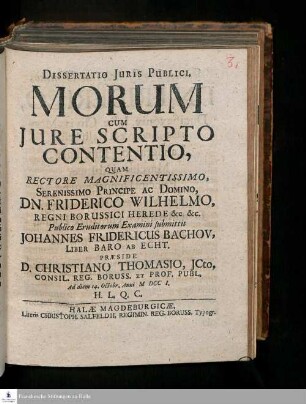 Dissertatio Juris Publici. Morum Cum Jure Scripto Contentio