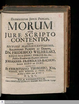 Dissertatio Juris Publici. Morum Cum Jure Scripto Contentio