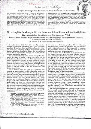 Artikel "Th.v. Heuglin's Forschungen über die Fauna des Rothen Meeres un der Somáli-Küste. u.s-w.)