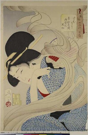 Es scheint neblig zu sein: Die Gepflogenheiten einer Hausfrau der Kyōwa-Zeit, Blatt 6 aus der Serie: 32 Aspekte von Frauen