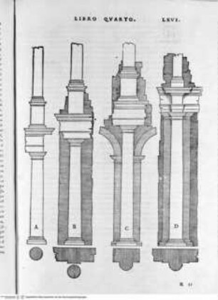 Regole generali di architettura di Sabastiano Serlio bolognese sopra le cinque maniere degli edifici, ... (4. Buch), Folio LXVI: Kompositordnung, Säulen, Ansicht und Querschnitt