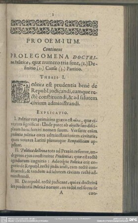 Prooemium Continens Prolegomena Doctrinae Politicae, quae tria sunt, (1.) Definitio, (2.) Causae, (3.) Partitio