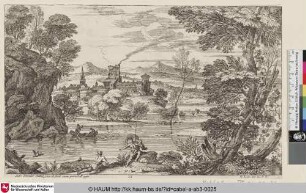 [Landschaft mit Fluss, im Hintergrund eine Stadt; Man with Flowing Cloak]