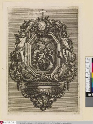 [Entwurf eines Weihwasserbeckens mit einem Gemälde der Heiligen Familie mit Engeln; Bénitier orné d'une Sainte famille aux anges]