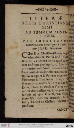 Literae Regis Christianissimi ad Summum Pontificem, pro impetranda Canonizatione Beati Ignatii Societatis JESU Fundatoris