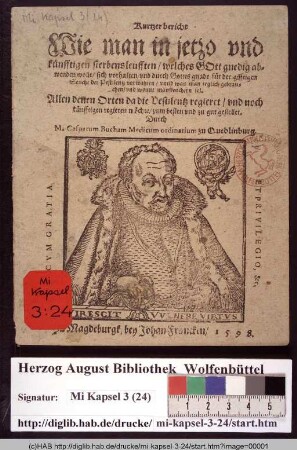 Kurtzer bericht Wie man in jetzo vnd künfftigen sterbensleufften ... sich vorhalten/ vnd ... für der gifftigen Seuche der Pestilentz vorwahren ... sol. Allen denen Orten da die Pestilentz regieret ... zum besten ... gestellet